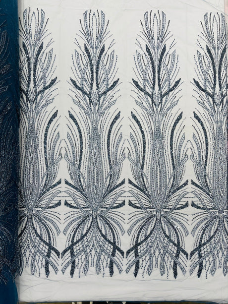 Palm Beaded Damask Design Beaded Lace Fabric - Damask Pattern With Palm Motifs, Beaded Embellishment, Sold By The Yard (1 Yard)