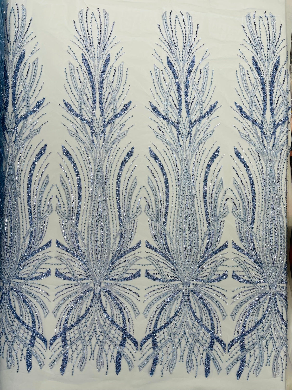 Palm Beaded Damask Design Beaded Lace Fabric - Damask Pattern With Palm Motifs, Beaded Embellishment, Sold By The Yard (1 Yard)