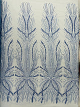 Palm Beaded Damask Design Beaded Lace Fabric - Damask Pattern With Palm Motifs, Beaded Embellishment, Sold By The Yard (1 Yard)
