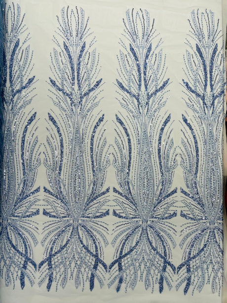 Palm Beaded Damask Design Beaded Lace Fabric - Damask Pattern With Palm Motifs, Beaded Embellishment, Sold By The Yard (1 Yard)