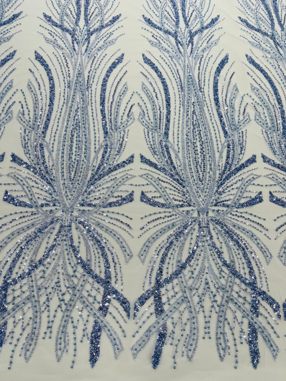 Palm Beaded Damask Design Beaded Lace Fabric - Damask Pattern With Palm Motifs, Beaded Embellishment, Sold By The Yard (1 Yard)