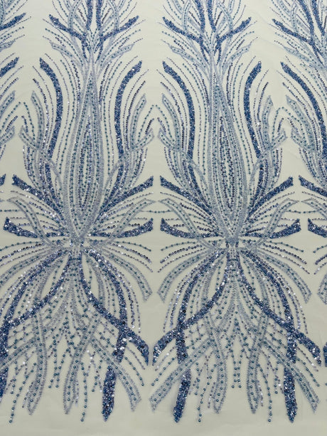 Palm Beaded Damask Design Beaded Lace Fabric - Damask Pattern With Palm Motifs, Beaded Embellishment, Sold By The Yard (1 Yard)