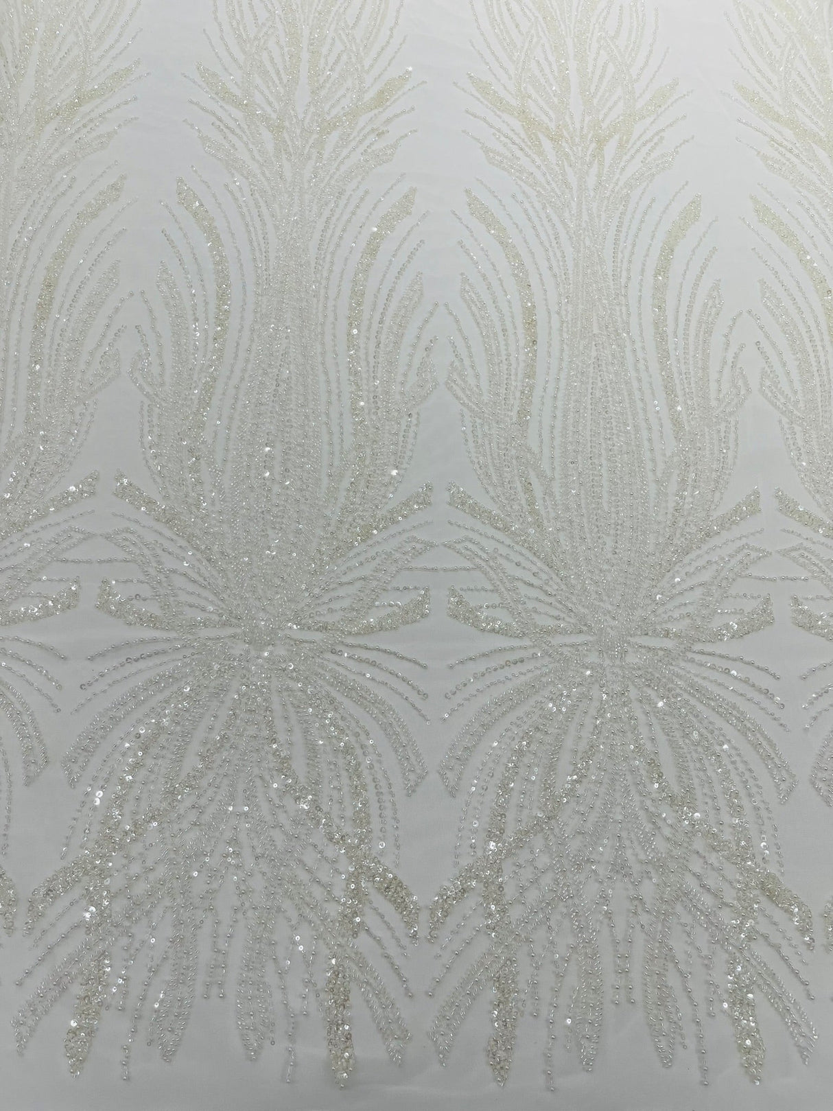 Palm Beaded Damask Design Beaded Lace Fabric - Damask Pattern With Palm Motifs, Beaded Embellishment, Sold By The Yard (1 Yard)