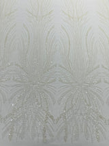 Palm Beaded Damask Design Beaded Lace Fabric - Damask Pattern With Palm Motifs, Beaded Embellishment, Sold By The Yard (1 Yard)