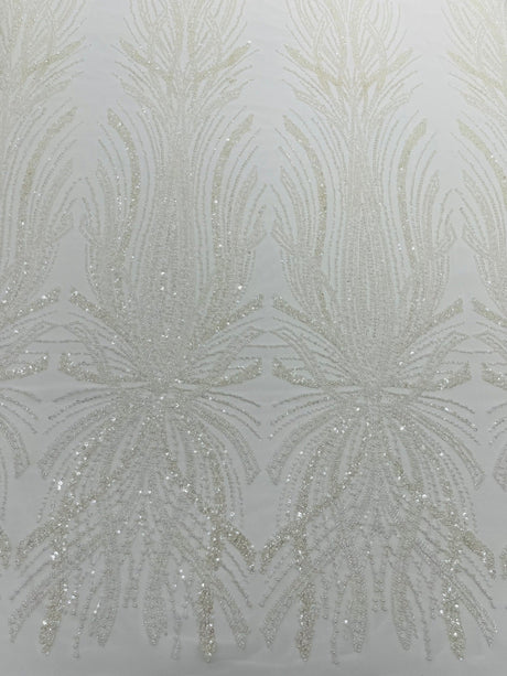 Palm Beaded Damask Design Beaded Lace Fabric - Damask Pattern With Palm Motifs, Beaded Embellishment, Sold By The Yard (1 Yard)