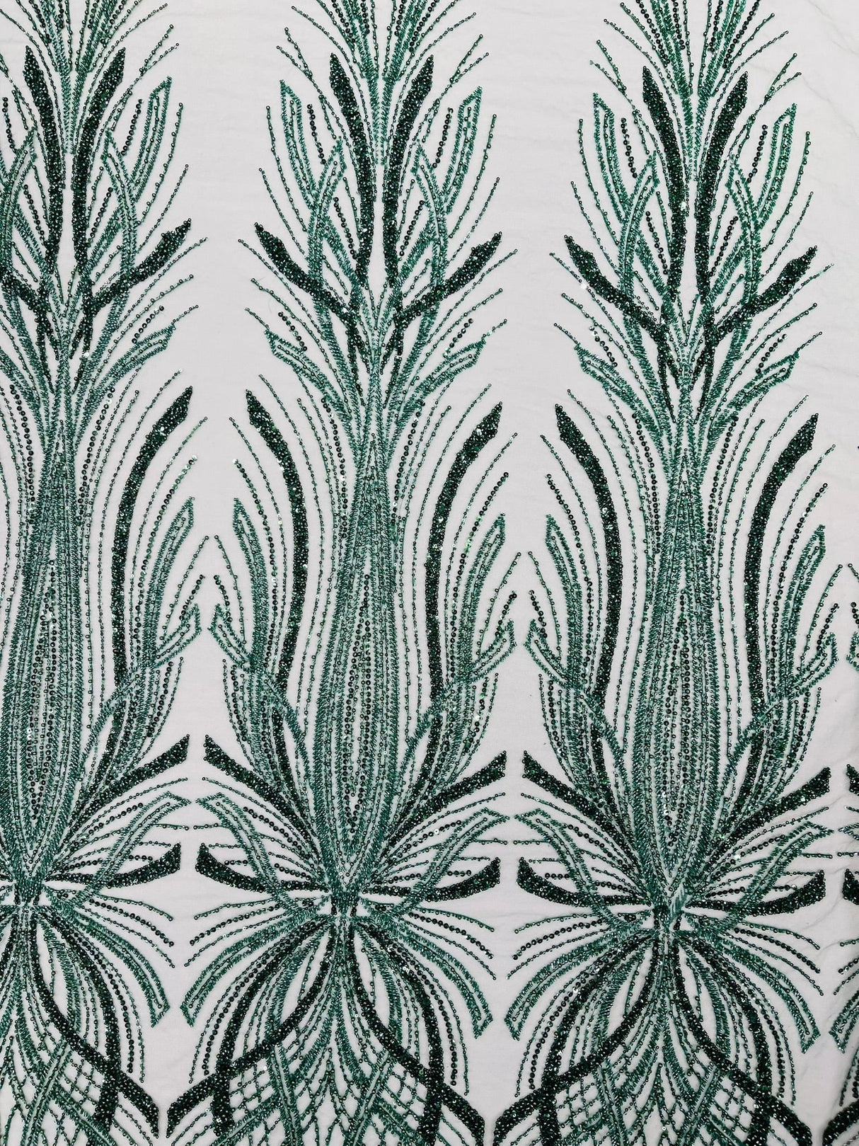 Palm Beaded Damask Design Beaded Lace Fabric - Damask Pattern With Palm Motifs, Beaded Embellishment, Sold By The Yard (1 Yard)