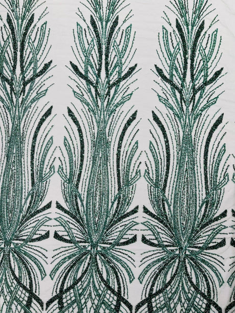 Palm Beaded Damask Design Beaded Lace Fabric - Damask Pattern With Palm Motifs, Beaded Embellishment, Sold By The Yard (1 Yard)