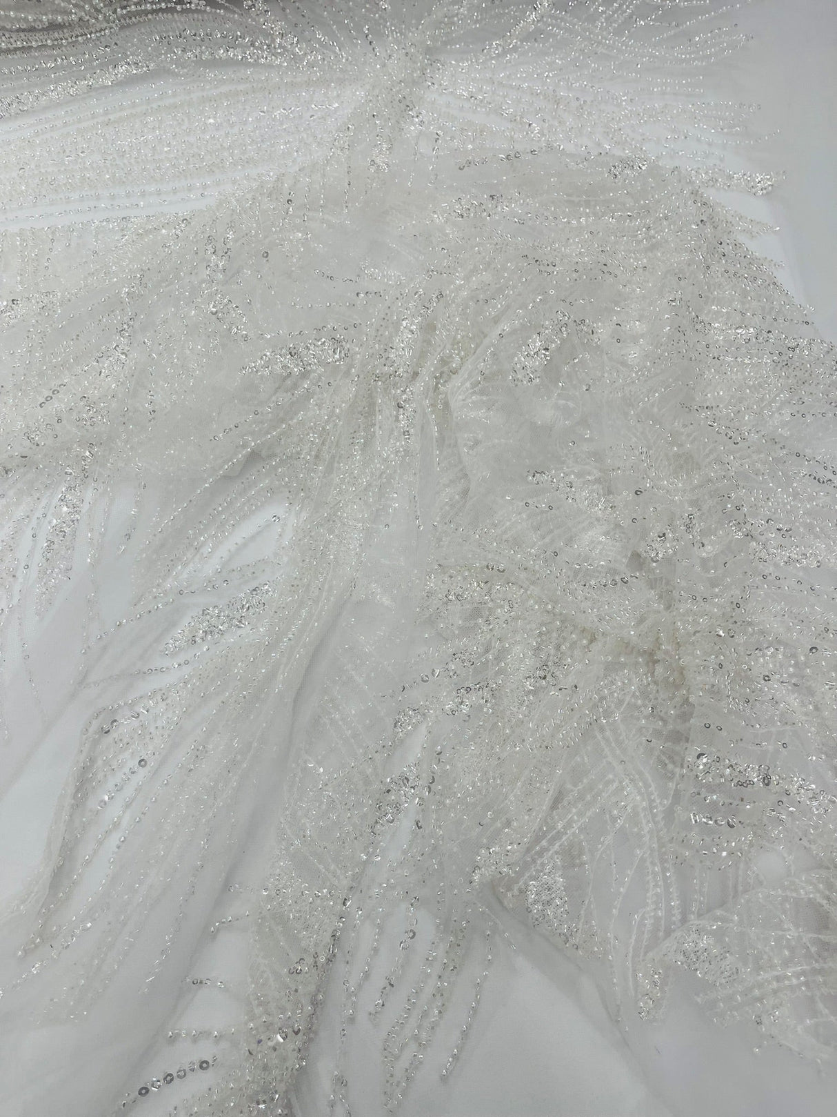 Palm Beaded Damask Design Beaded Lace Fabric - Damask Pattern With Palm Motifs, Beaded Embellishment, Sold By The Yard (1 Yard)