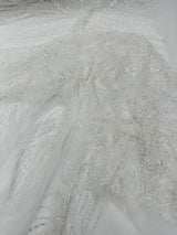 Palm Beaded Damask Design Beaded Lace Fabric - Damask Pattern With Palm Motifs, Beaded Embellishment, Sold By The Yard (1 Yard)