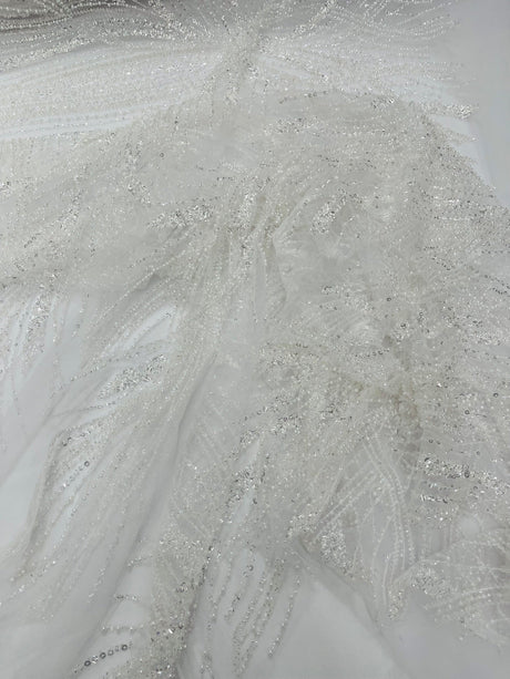 Palm Beaded Damask Design Beaded Lace Fabric - Damask Pattern With Palm Motifs, Beaded Embellishment, Sold By The Yard (1 Yard)