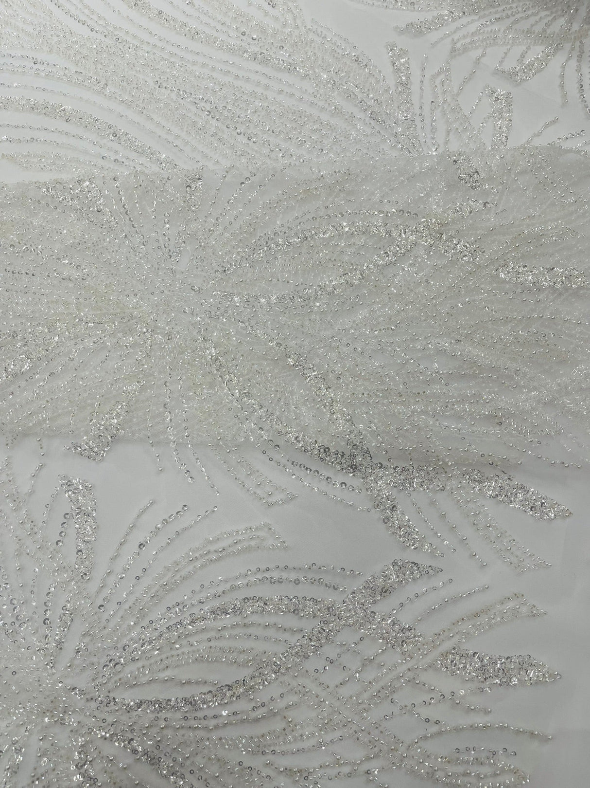 Palm Beaded Damask Design Beaded Lace Fabric - Damask Pattern With Palm Motifs, Beaded Embellishment, Sold By The Yard (1 Yard)