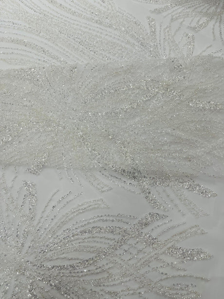 Palm Beaded Damask Design Beaded Lace Fabric - Damask Pattern With Palm Motifs, Beaded Embellishment, Sold By The Yard (1 Yard)
