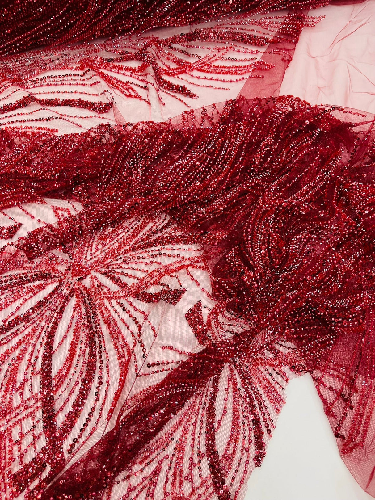 Palm Beaded Damask Design Beaded Lace Fabric - Damask Pattern With Palm Motifs, Beaded Embellishment, Sold By The Yard (1 Yard)