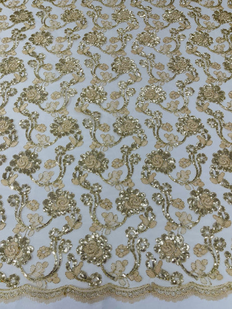 Pamela Floral Lace Polyester Fabric - Floral Corded Embroidered Sequin Lace, 50-54" Width (1 Yard)