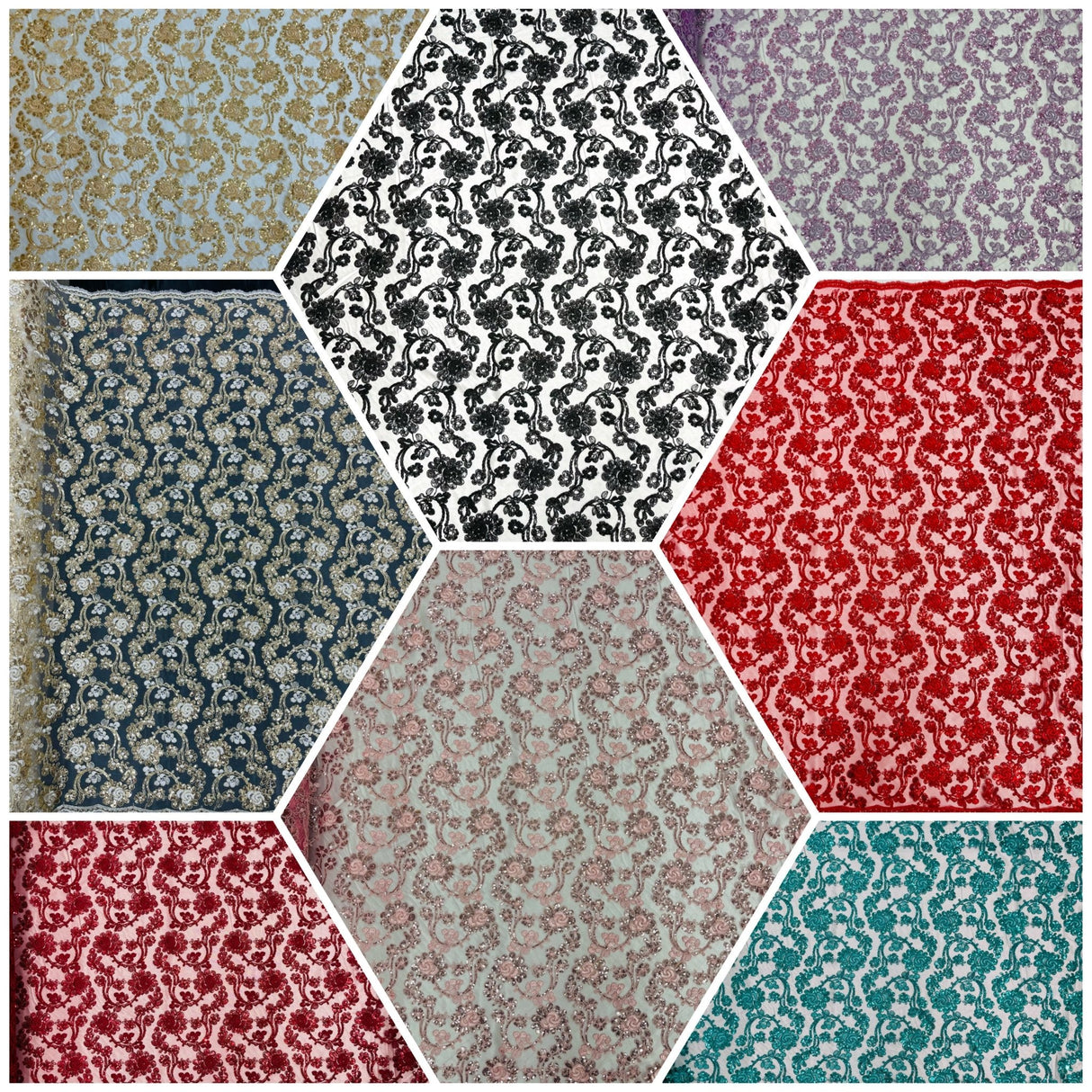 Pamela Floral Lace Polyester Fabric - Floral Corded Embroidered Sequin Lace, 50-54" Width (1 Yard)