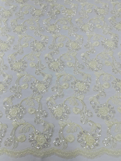 Pamela Floral Lace Polyester Fabric - Floral Corded Embroidered Sequin Lace, 50-54" Width (1 Yard)