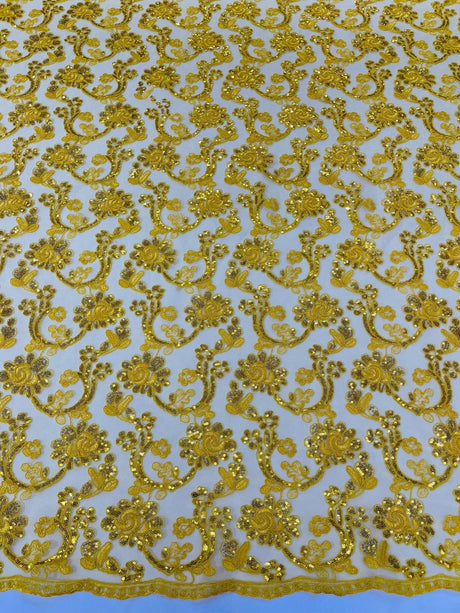 Pamela Floral Lace Polyester Fabric - Floral Corded Embroidered Sequin Lace, 50-54" Width (1 Yard)