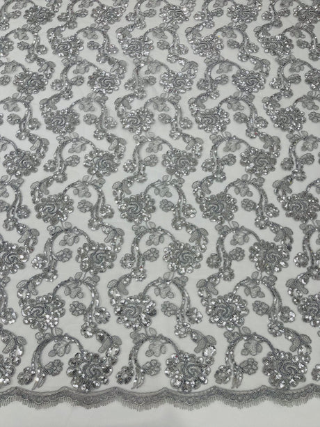 Pamela Floral Lace Polyester Fabric - Floral Corded Embroidered Sequin Lace, 50-54" Width (1 Yard)