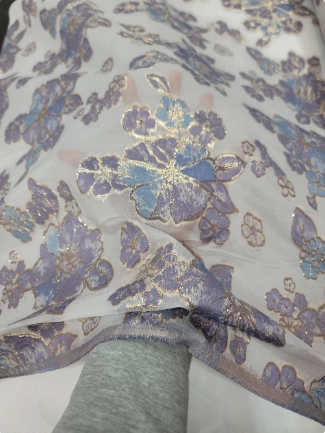 Brocade Floral Organza Fabric Lavender Blue
