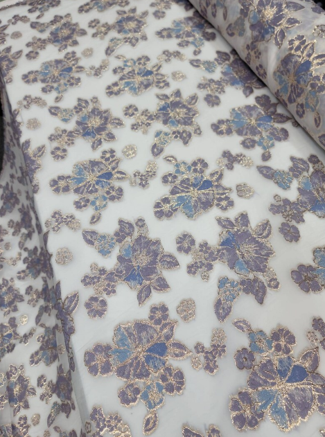 Brocade Floral Organza Fabric Lavender Blue