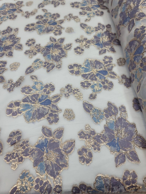Brocade Floral Organza Fabric Lavender Blue