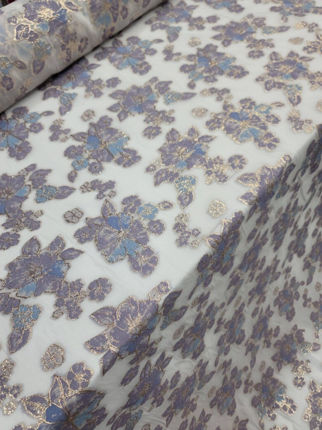 Brocade Floral Organza Fabric Lavender Blue
