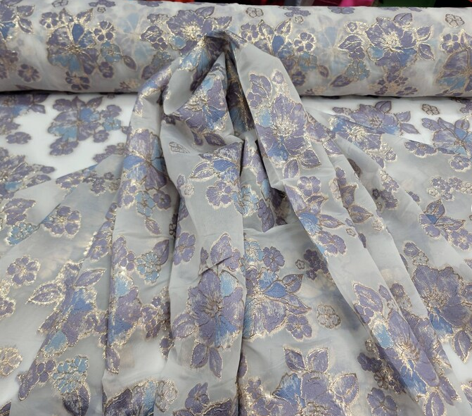Brocade Floral Organza Fabric Lavender Blue