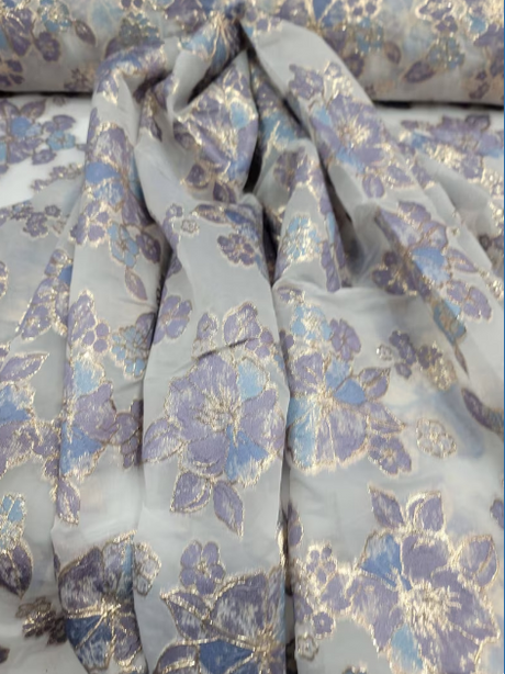 Brocade Floral Organza Fabric Lavender Blue