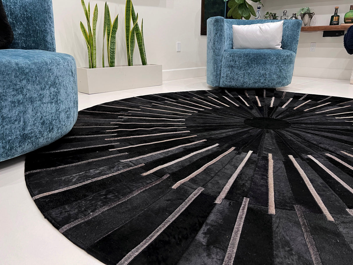 Patchwork PCH216 Round 100 Percent Real Cow Hide Fabric - Black With Charcoal Stripes, Round (6' X 6' Round)