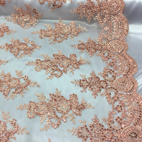 Peach Sequin Lace Fabric - Embroidered Mesh, Peach