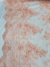 Beaded Lace 3D Floral Embroidered on Mesh Peach