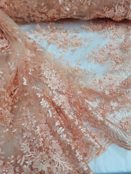 Beaded Lace 3D Floral Embroidered on Mesh Peach