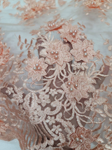 Beaded Lace 3D Floral Embroidered on Mesh Peach