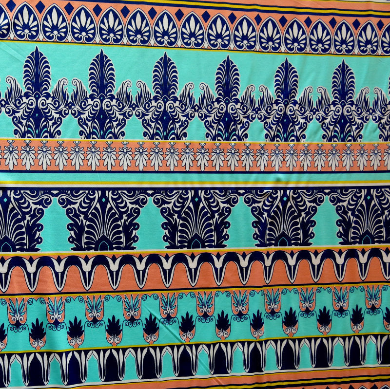 Nylon Spandex Swimsuit Fabric Mint Peach Navy Fleur de Lis Stripe