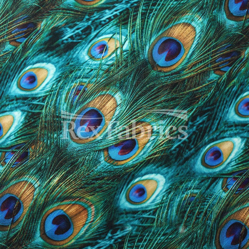 Peacock Reaction Prints Poly Spandex Fabric - Green And Green With Foil, Peacock Feather Print, 58/60" Width (1 Yard)
