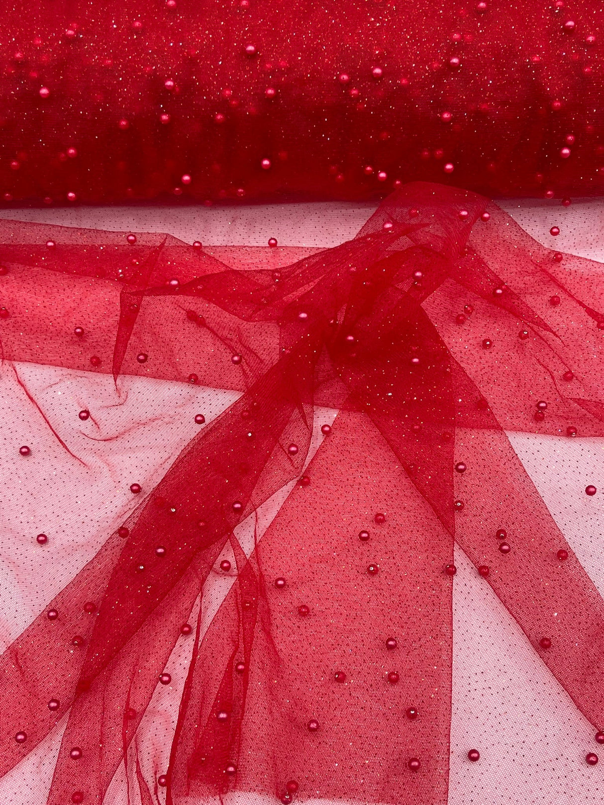 Pearl Glitter Studded Mesh Polyester Fabric - Pearl Studded Mesh, 58" Wide (1 Yard)
