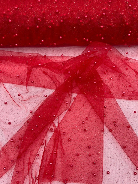 Pearl Glitter Studded Mesh Polyester Fabric - Pearl Studded Mesh, 58" Wide (1 Yard)