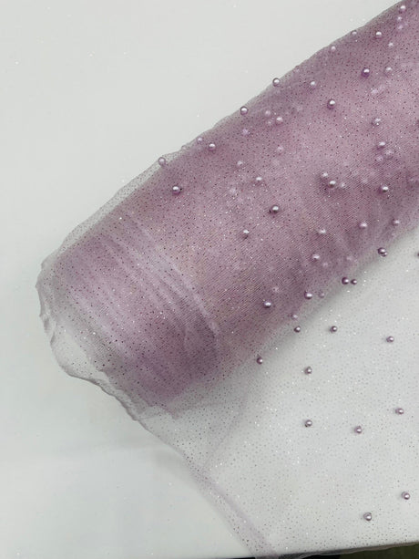 Pearl Glitter Studded Mesh Polyester Fabric - Pearl Studded Mesh, 58" Wide (1 Yard)