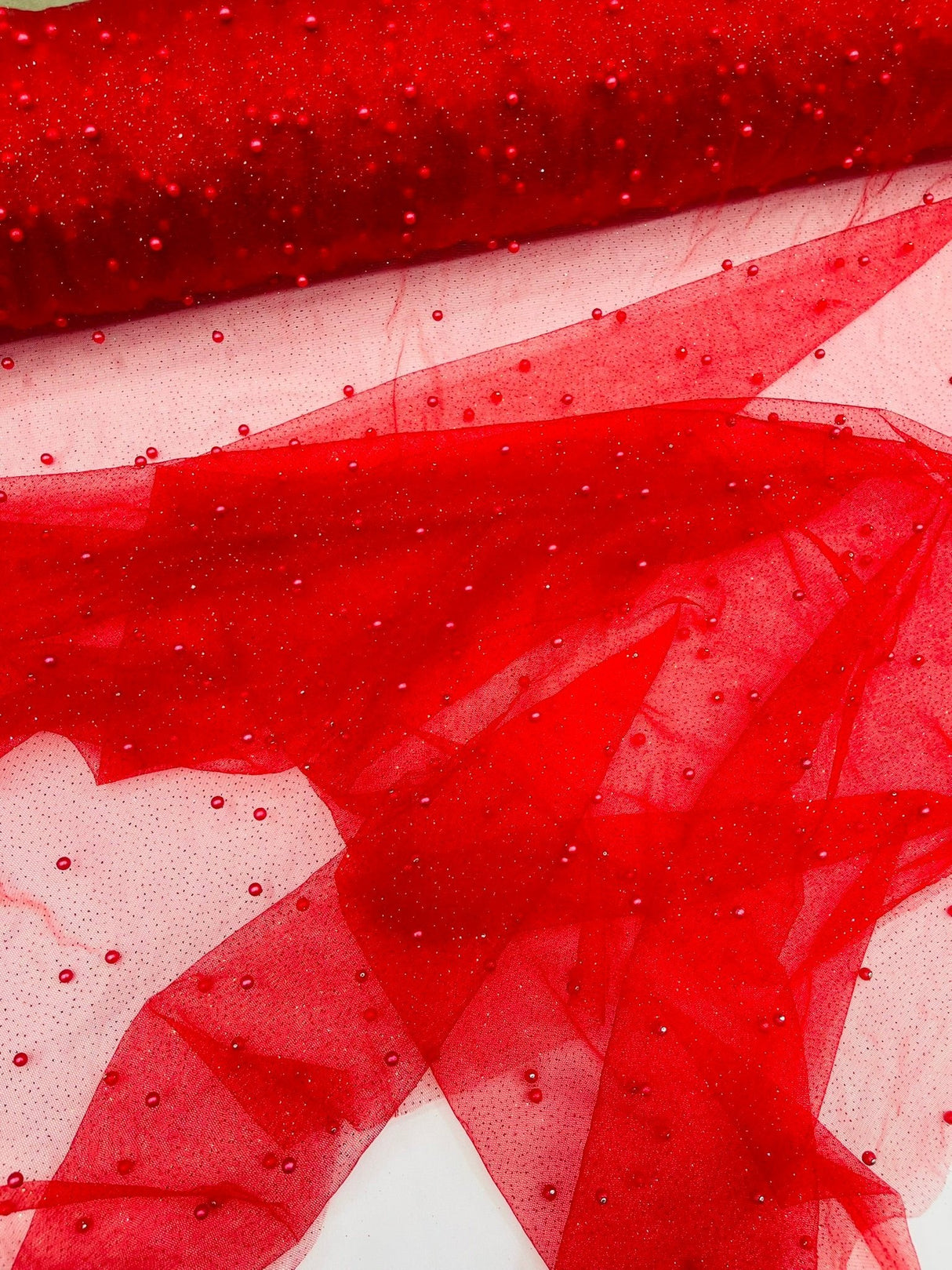 Pearl Glitter Studded Mesh Polyester Fabric - Pearl Studded Mesh, 58" Wide (1 Yard)