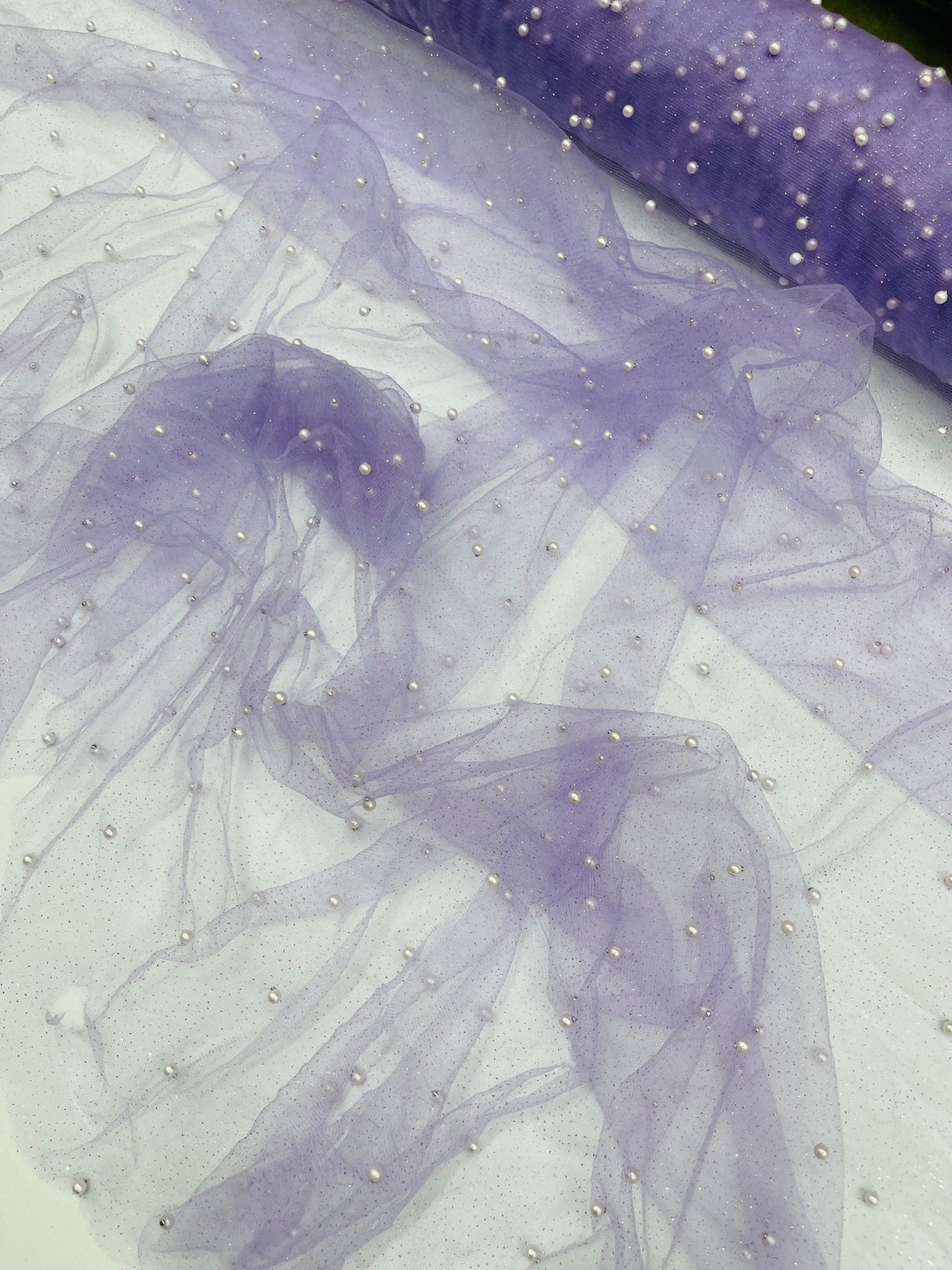 Pearl Glitter Studded Mesh Polyester Fabric - Pearl Studded Mesh, 58" Wide (1 Yard)