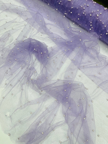 Pearl Glitter Studded Mesh Polyester Fabric - Pearl Studded Mesh, 58" Wide (1 Yard)
