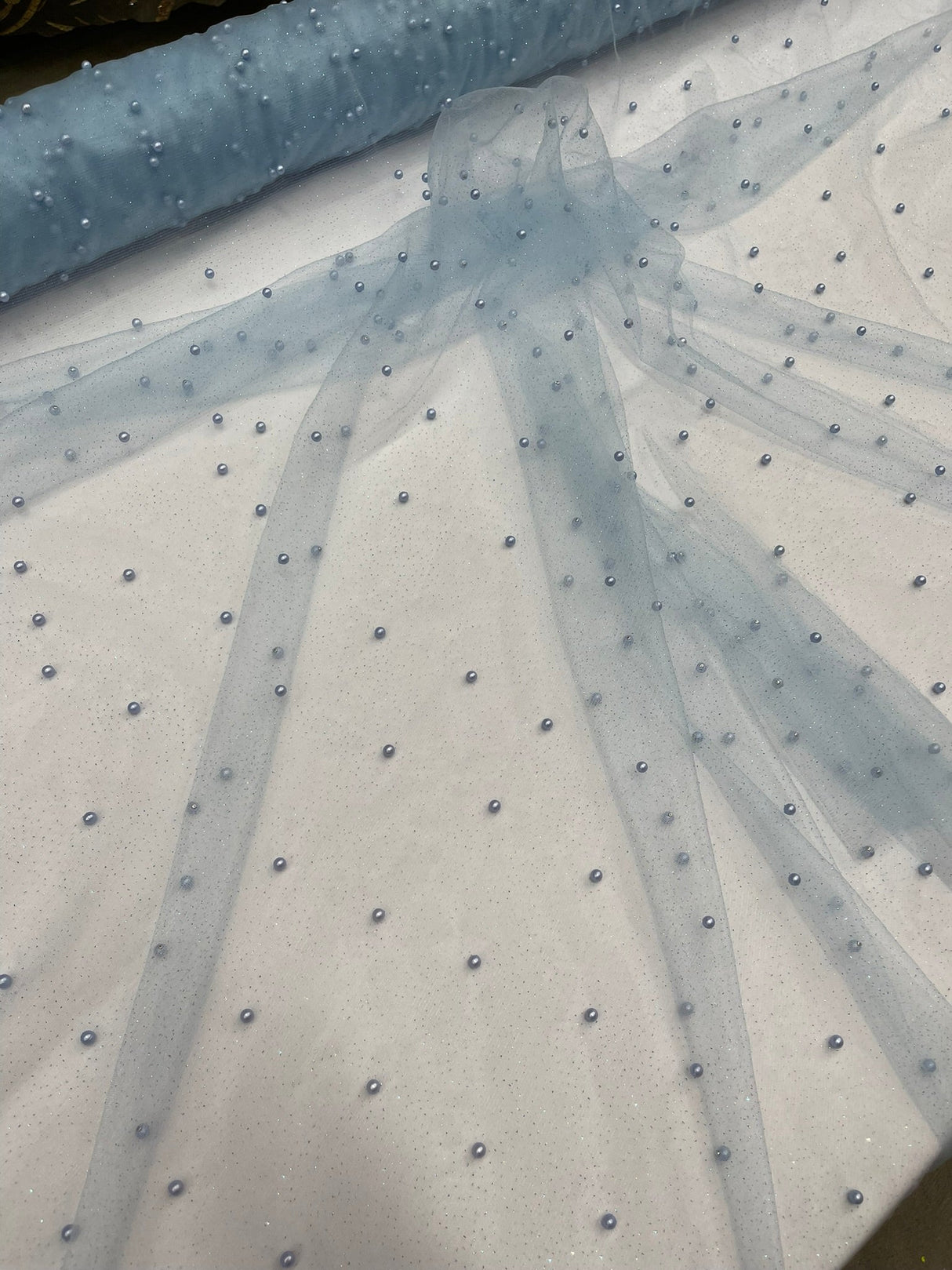 Pearl Glitter Studded Mesh Polyester Fabric - Pearl Studded Mesh, 58" Wide (1 Yard)