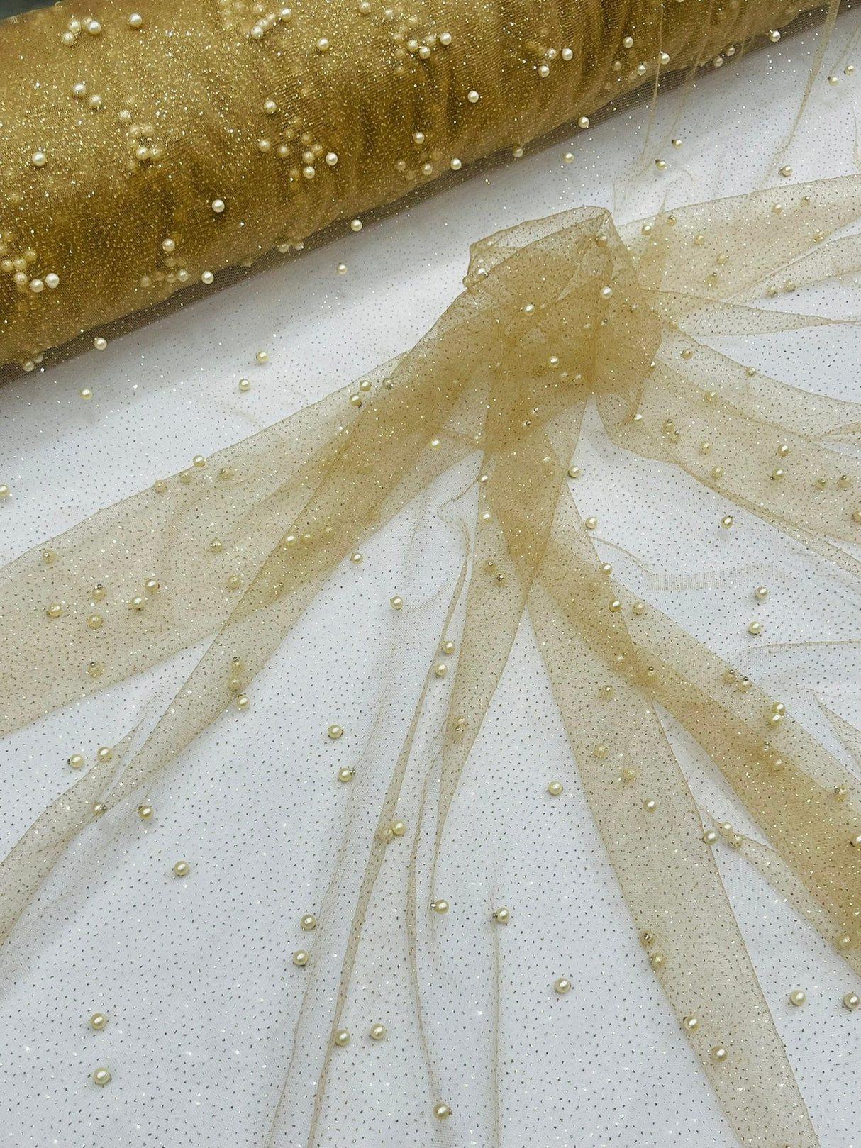 Pearl Glitter Studded Mesh Polyester Fabric - Pearl Studded Mesh, 58" Wide (1 Yard)
