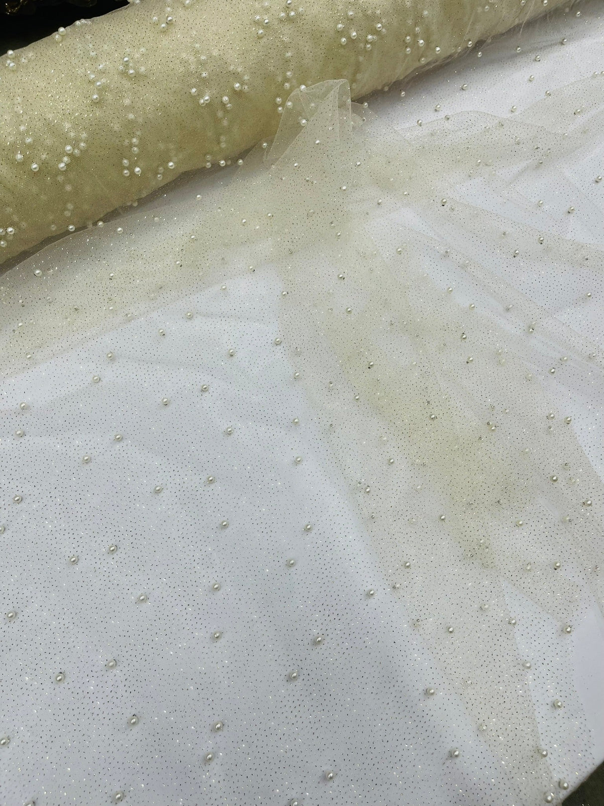 Pearl Glitter Studded Mesh Polyester Fabric - Pearl Studded Mesh, 58" Wide (1 Yard)