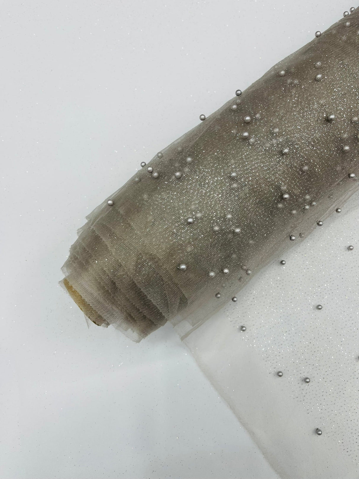 Pearl Glitter Studded Mesh Polyester Fabric - Pearl Studded Mesh, 58" Wide (1 Yard)