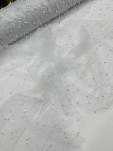 Pearl Glitter Studded Mesh Polyester Fabric - Pearl Studded Mesh, 58" Wide (1 Yard)