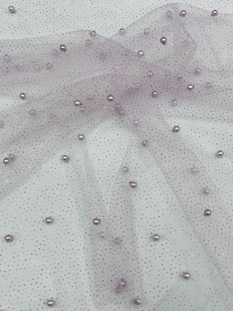Pearl Glitter Studded Mesh Polyester Fabric - Pearl Studded Mesh, 58" Wide (1 Yard)