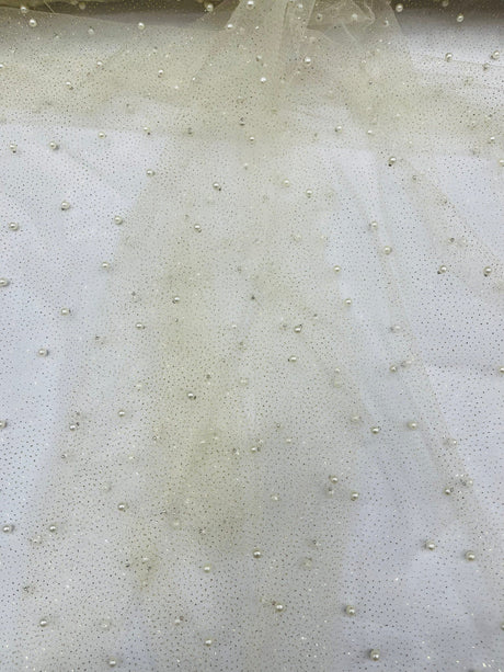 Pearl Glitter Studded Mesh Polyester Fabric - Pearl Studded Mesh, 58" Wide (1 Yard)