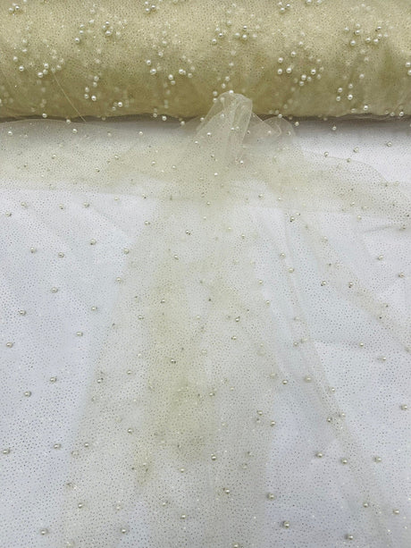Pearl Glitter Studded Mesh Polyester Fabric - Pearl Studded Mesh, 58" Wide (1 Yard)