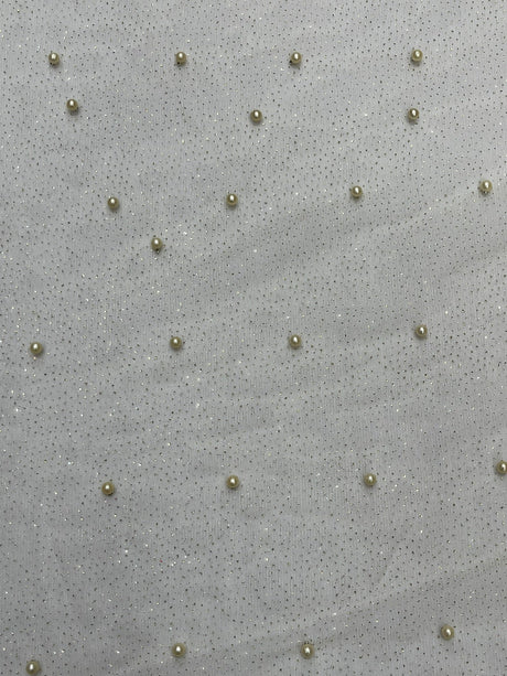 Pearl Glitter Studded Mesh Polyester Fabric - Pearl Studded Mesh, 58" Wide (1 Yard)